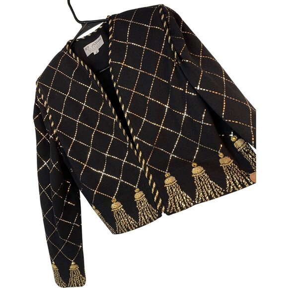 VTG St John Evening Black & Gold Bead Crop Cardigan Size 6 RAA10413 EUC - Picture 1 of 9